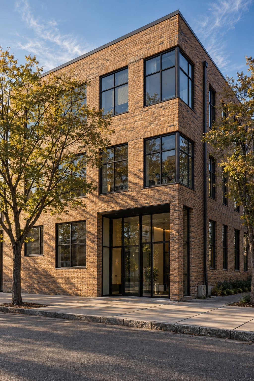 A contemporary ochre-brick office building