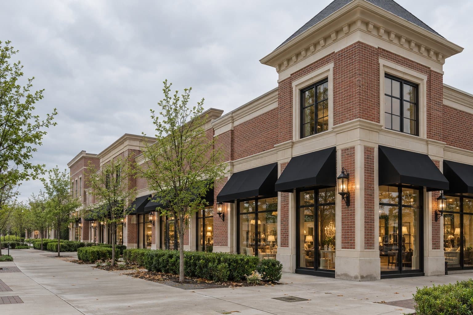 A red-brick retail center with black awnings along the sidewalk