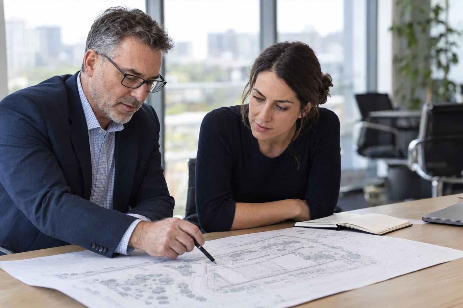 Two colleagues reviewing a property site plan together at a desk